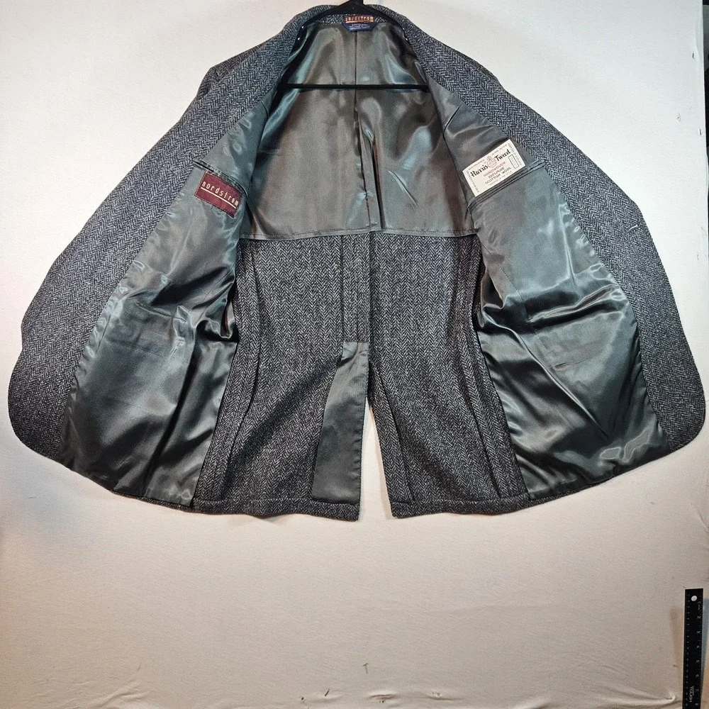 Vtg Harris Tweed Nordstrom Grey Herringbone Wool Sport Coat Blazer 42L Lthr Btn‎